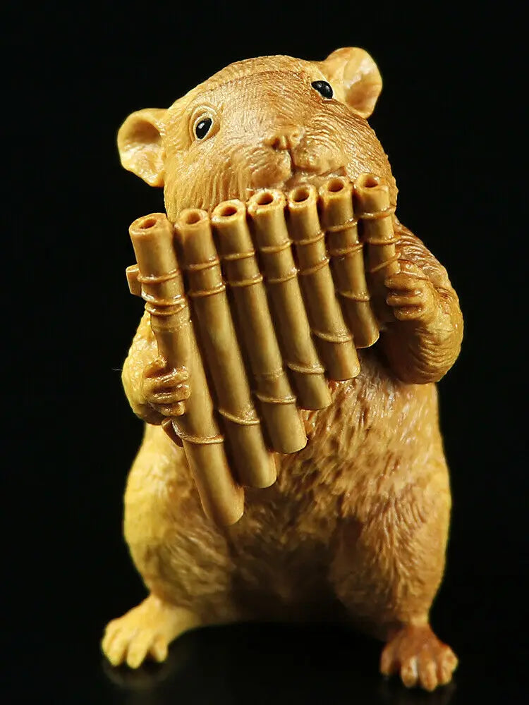 LS014 - 7 CM High Hand Carved Boxwood Carving Home Figurines : Set of 3 Mice Playing Music