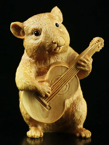 LS014 - 7 CM High Hand Carved Boxwood Carving Home Figurines : Set of 3 Mice Playing Music