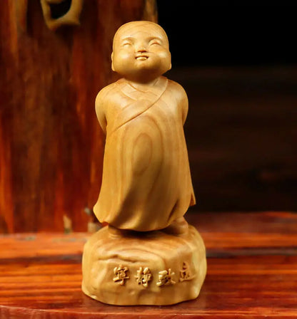 LS024 -- 8 CM High Carved Boxwood Figurine Carving Buddha Statue :Little Monk Boy