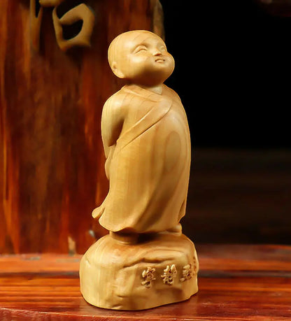 LS024 -- 8 CM High Carved Boxwood Figurine Carving Buddha Statue :Little Monk Boy