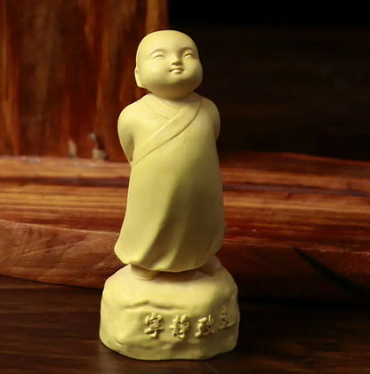LS024 -- 8 CM High Carved Boxwood Figurine Carving Buddha Statue :Little Monk Boy