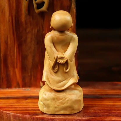LS024 -- 8 CM High Carved Boxwood Figurine Carving Buddha Statue :Little Monk Boy