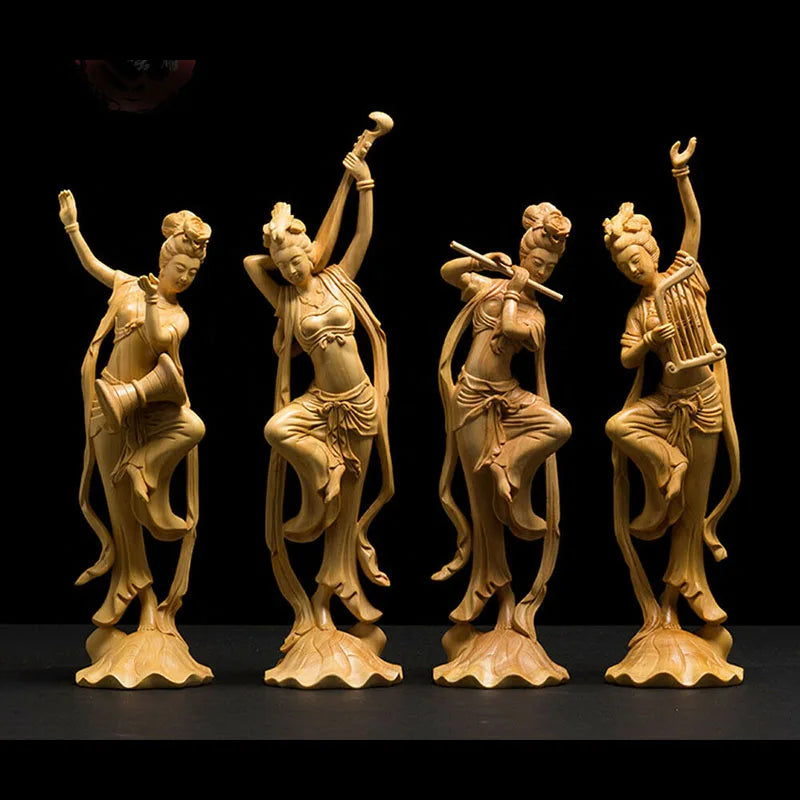 LS027 -- 25 CM High Carved Boxwood Figurine Carving : Set of Beauties Dunhuang flying sky