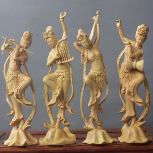 LS027 -- 25 CM High Carved Boxwood Figurine Carving : Set of Beauties Dunhuang flying sky