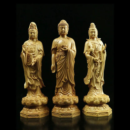 LS028 -- 20 CM High Carved Boxwood Figurine Carving :Set 3 Immortals Kwan-yin and Rulai