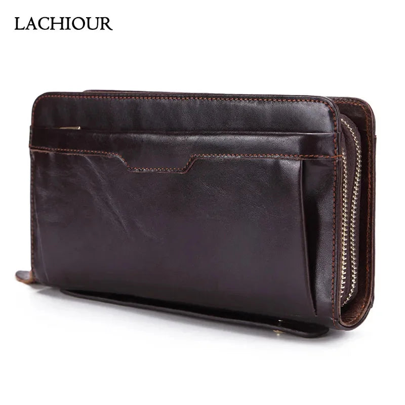 Lachiour Men Genuine Leather Clutch Wallet Male Long Double Zipper Purse Coin Men's Phone Bag for Card Holder Case