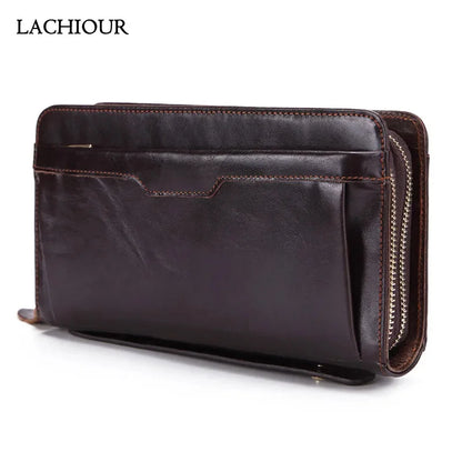 Lachiour Men Genuine Leather Clutch Wallet Male Long Double Zipper Purse Coin Men's Phone Bag for Card Holder Case