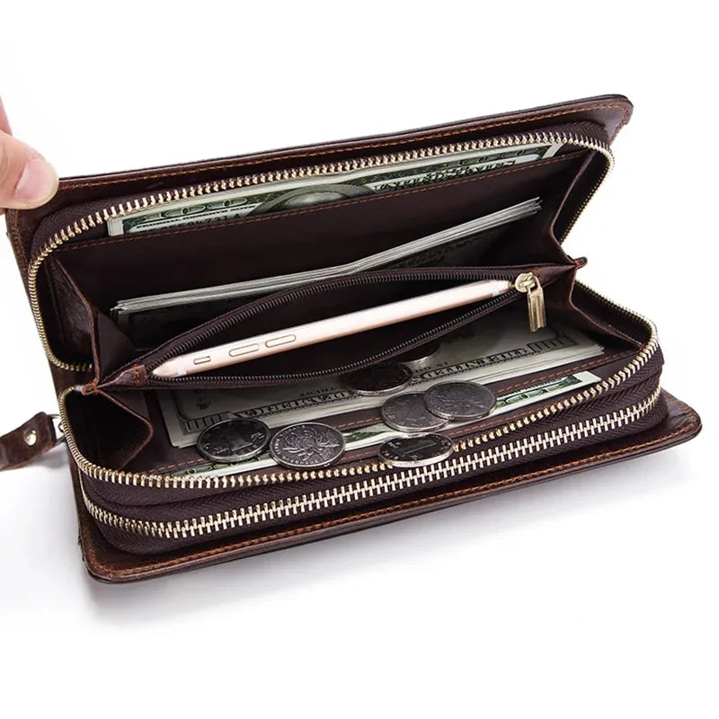 Lachiour Men Genuine Leather Clutch Wallet Male Long Double Zipper Purse Coin Men's Phone Bag for Card Holder Case