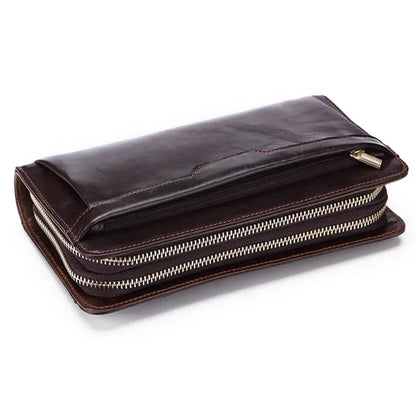 Lachiour Men Genuine Leather Clutch Wallet Male Long Double Zipper Purse Coin Men's Phone Bag for Card Holder Case