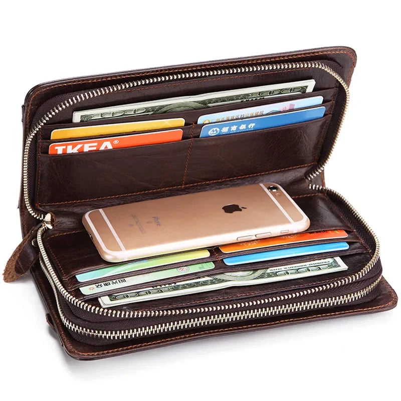 Lachiour Men Genuine Leather Clutch Wallet Male Long Double Zipper Purse Coin Men's Phone Bag for Card Holder Case