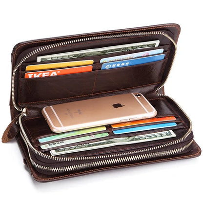 Lachiour Men Genuine Leather Clutch Wallet Male Long Double Zipper Purse Coin Men's Phone Bag for Card Holder Case