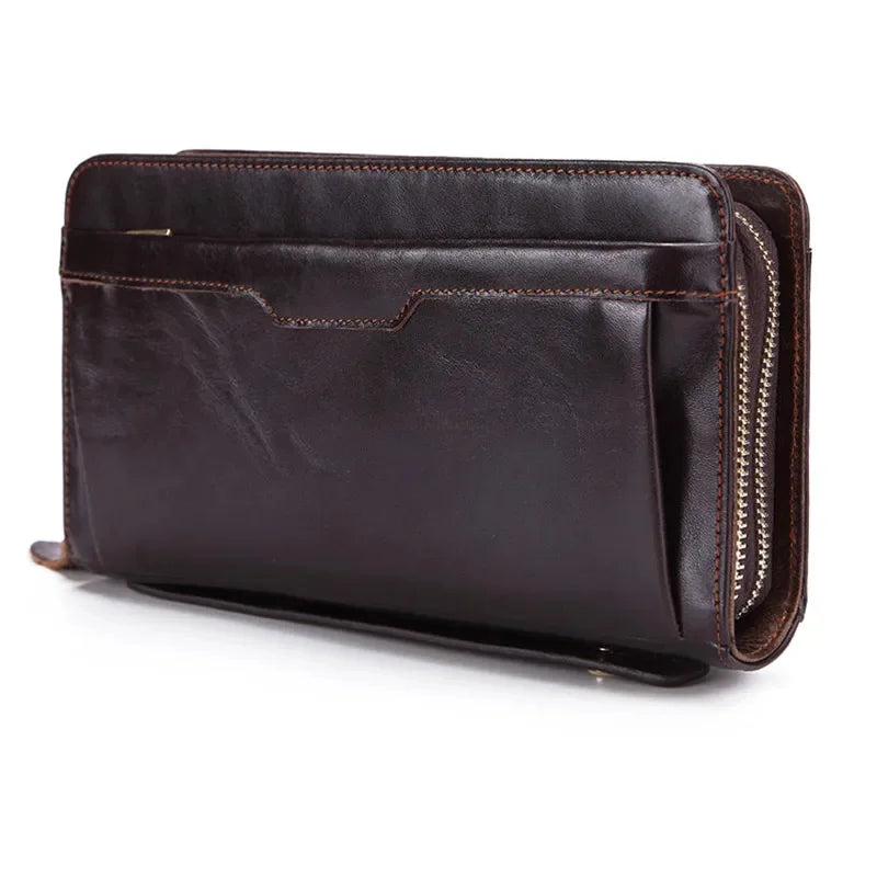 Lachiour Men Genuine Leather Clutch Wallet Male Long Double Zipper Purse Coin Men's Phone Bag for Card Holder Case