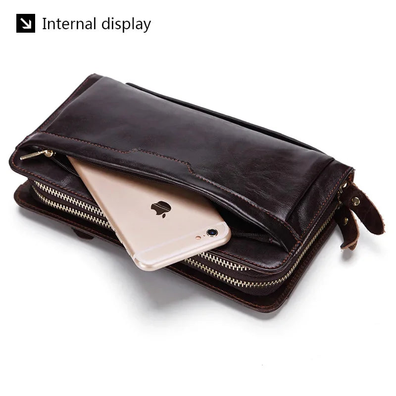 Lachiour Men Genuine Leather Clutch Wallet Male Long Double Zipper Purse Coin Men's Phone Bag for Card Holder Case