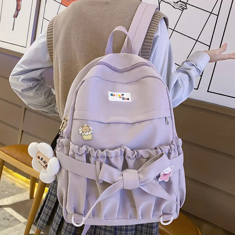 Ladies Bow Cute Girl Waterproof Backpack Travel Laptop Nylon Bag College Female Fashion Kawaii Backpack Trendy Women School Bags
