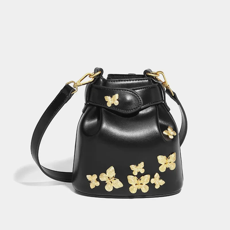 Ladies Bucket New Chinese Style 2024 Fashion Design Oil Waxed Leather Handbag High-end Butterfly Badge Crossbody Bag