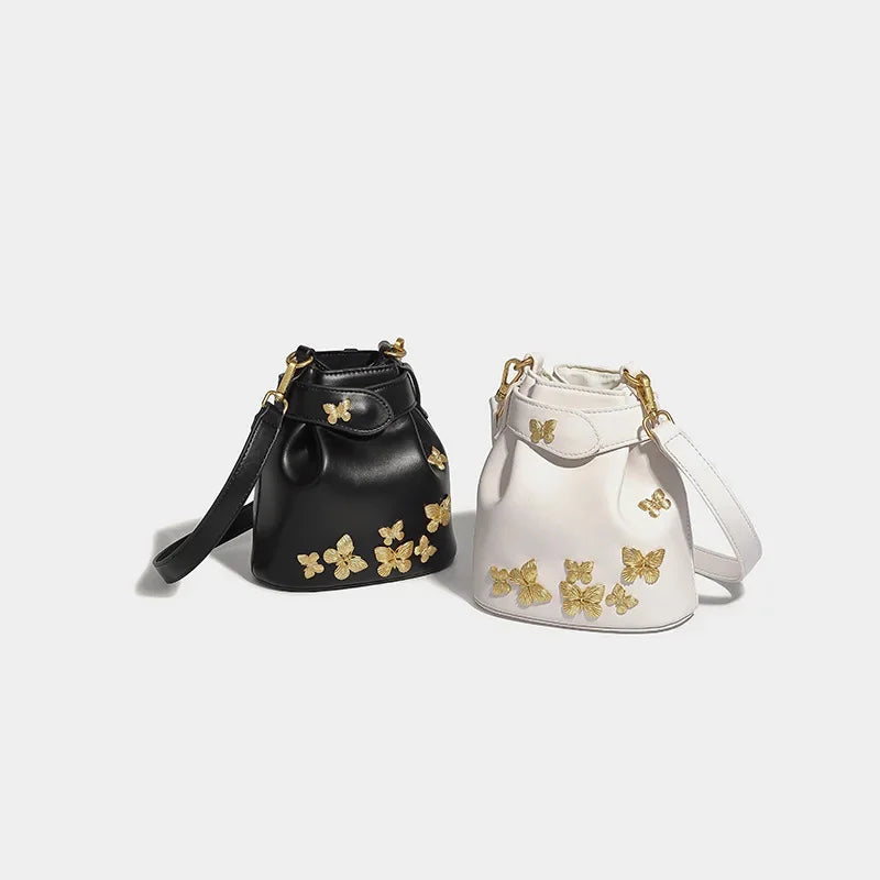 Ladies Bucket New Chinese Style 2024 Fashion Design Oil Waxed Leather Handbag High-end Butterfly Badge Crossbody Bag