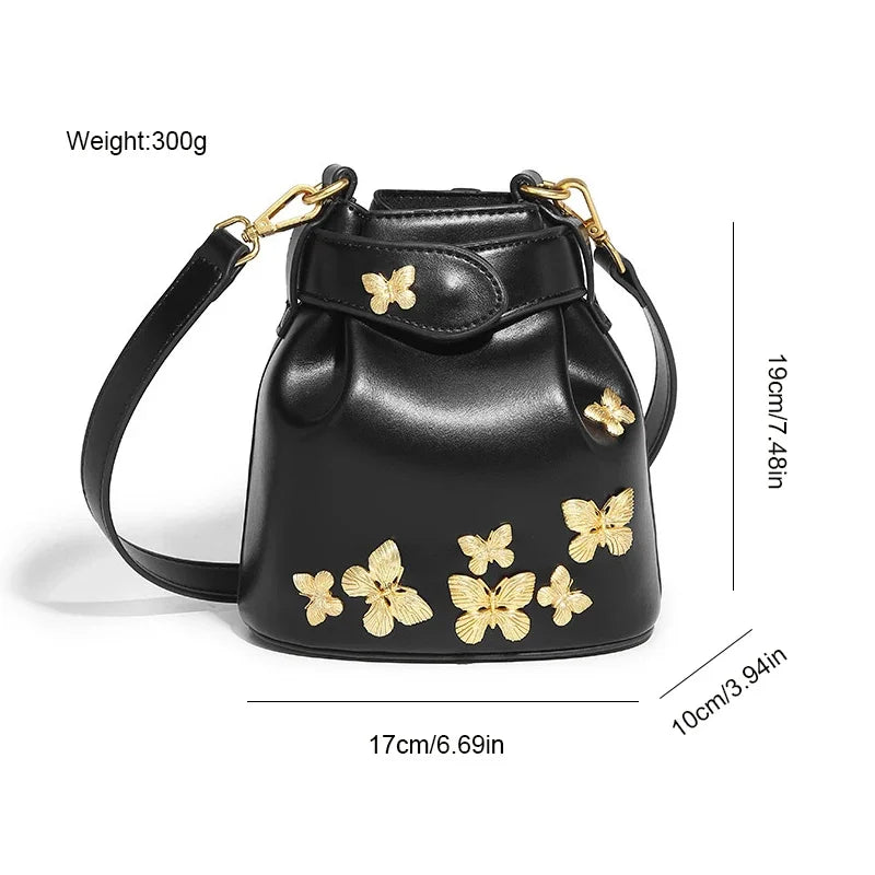 Ladies Bucket New Chinese Style 2024 Fashion Design Oil Waxed Leather Handbag High-end Butterfly Badge Crossbody Bag