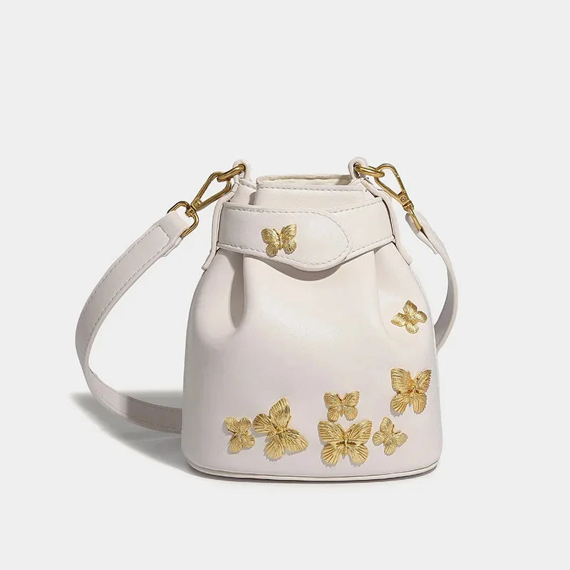 Ladies Bucket New Chinese Style 2024 Fashion Design Oil Waxed Leather Handbag High-end Butterfly Badge Crossbody Bag