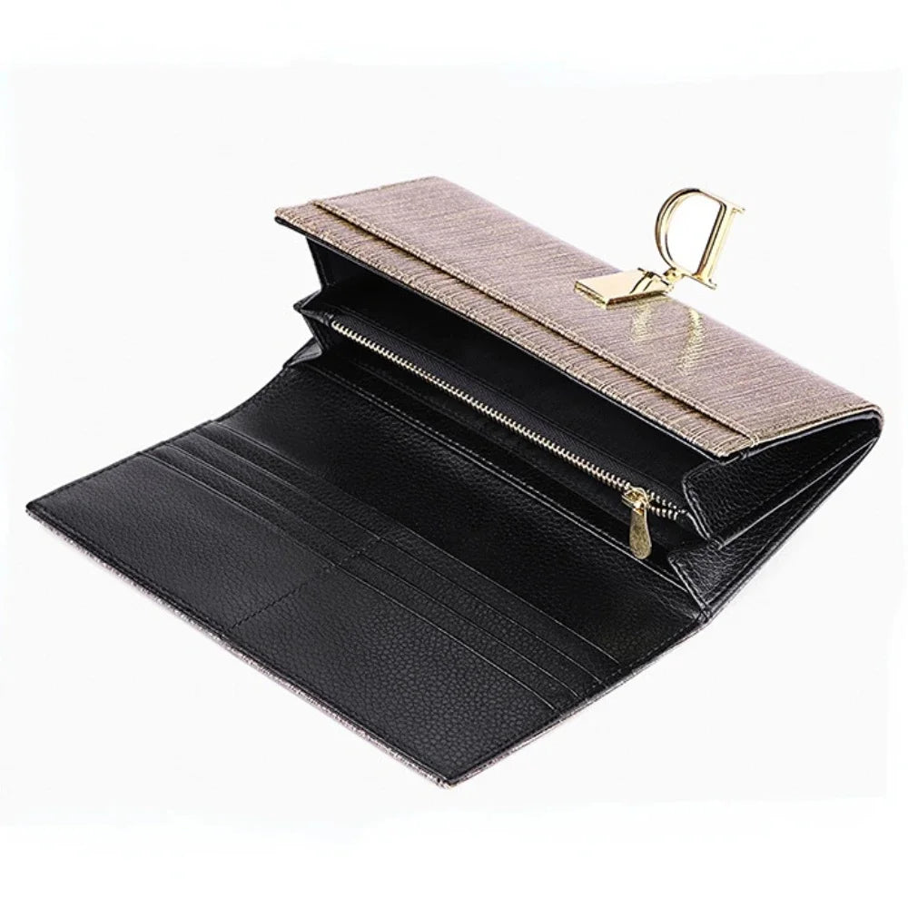 Ladies D Buckle Large Capacity Multi-card Slot Long Wallet Genuine Leather Purse