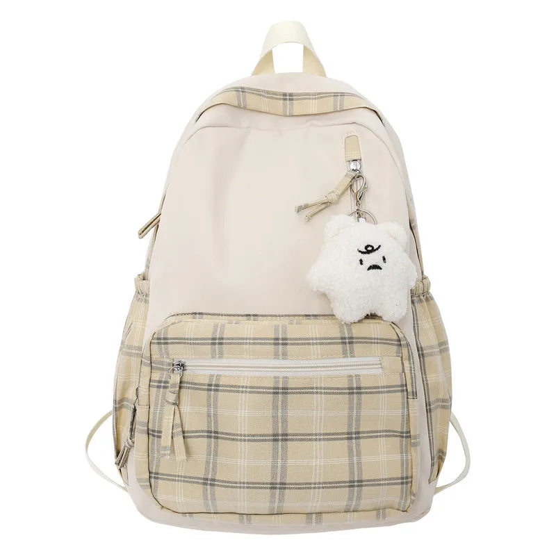 Ladies Kawaii Lattice College Backpack Women School Plaid Bag Girl Cute Travel Backpack Trendy Fashion Female Laptop Student Bag