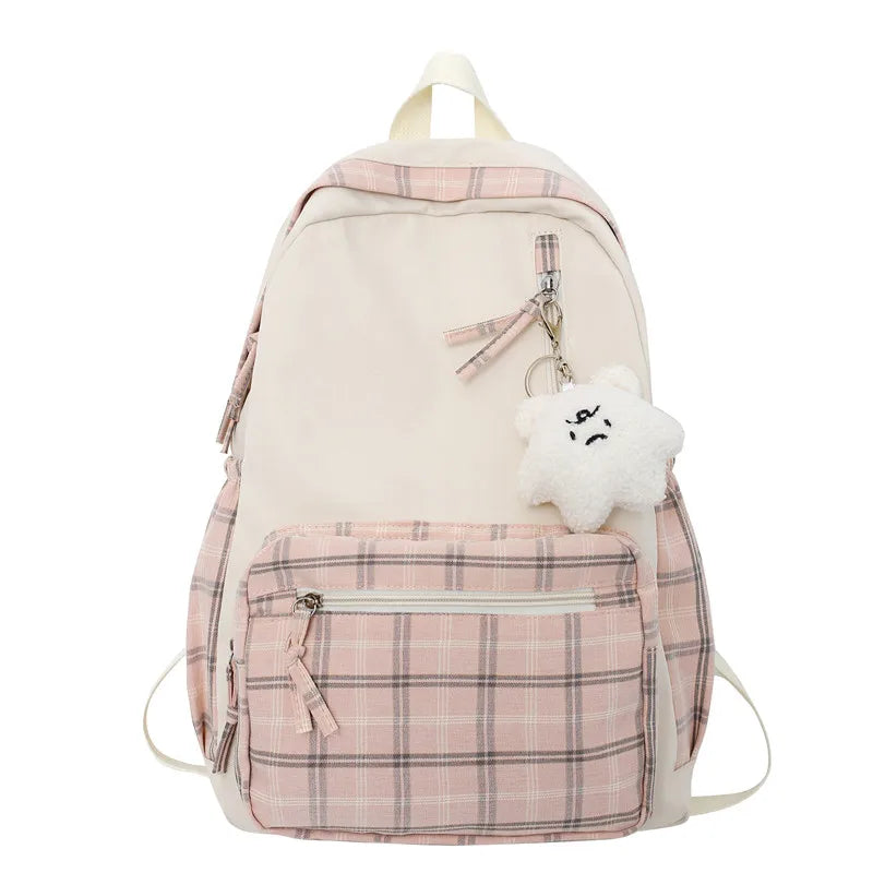 Ladies Kawaii Lattice College Backpack Women School Plaid Bag Girl Cute Travel Backpack Trendy Fashion Female Laptop Student Bag