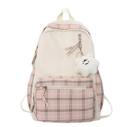 Ladies Kawaii Lattice College Backpack Women School Plaid Bag Girl Cute Travel Backpack Trendy Fashion Female Laptop Student Bag