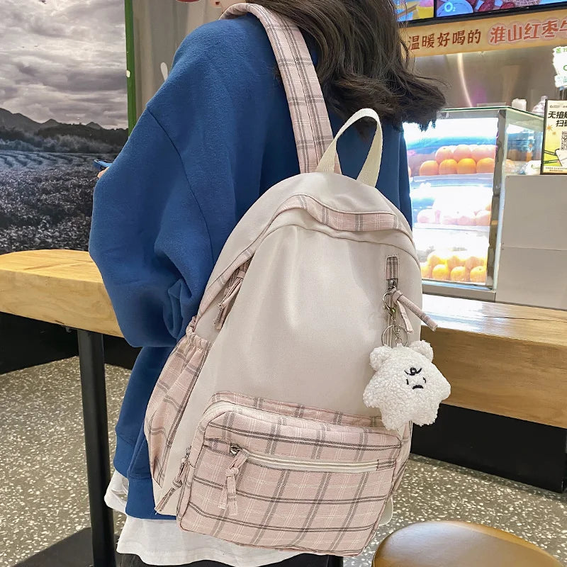 Ladies Kawaii Lattice College Backpack Women School Plaid Bag Girl Cute Travel Backpack Trendy Fashion Female Laptop Student Bag