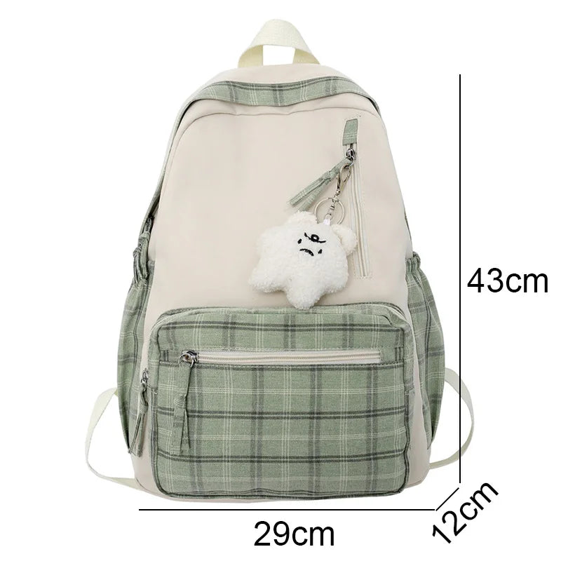Ladies Kawaii Lattice College Backpack Women School Plaid Bag Girl Cute Travel Backpack Trendy Fashion Female Laptop Student Bag