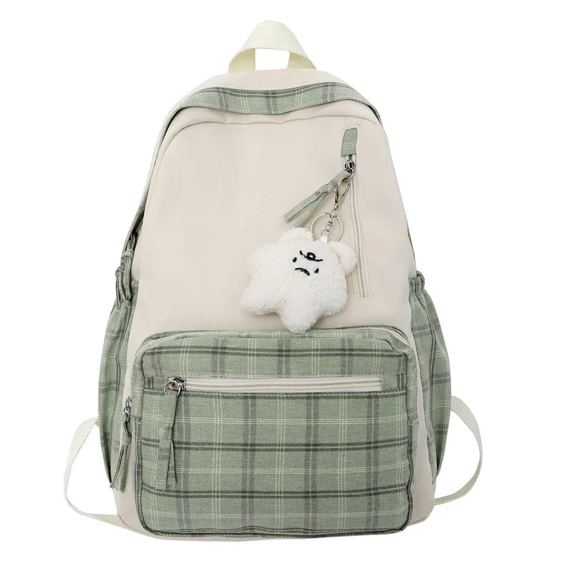 Ladies Kawaii Lattice College Backpack Women School Plaid Bag Girl Cute Travel Backpack Trendy Fashion Female Laptop Student Bag