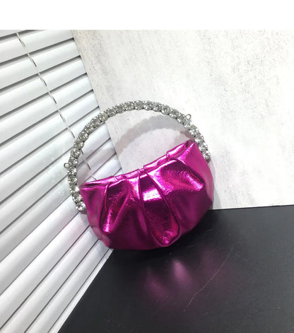 Lady Circular Crystal Satin Evening Bags Women Metallic Handle Rhinestone Clutch Purses And Handbags Wedding Party Purse Bags