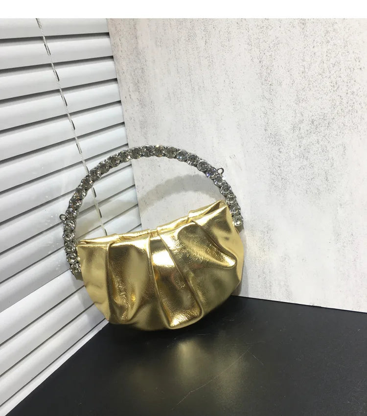 Lady Circular Crystal Satin Evening Bags Women Metallic Handle Rhinestone Clutch Purses And Handbags Wedding Party Purse Bags