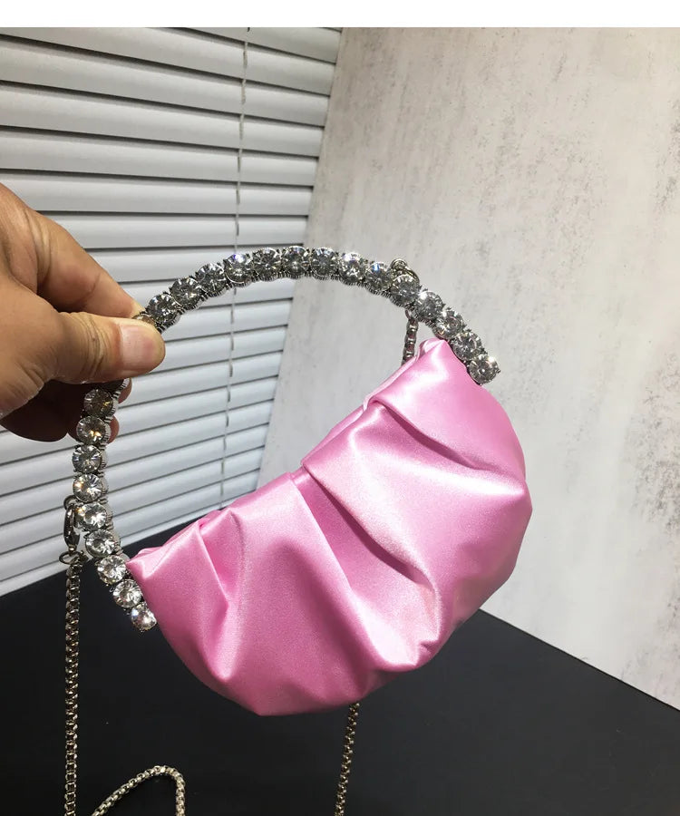 Lady Circular Crystal Satin Evening Bags Women Metallic Handle Rhinestone Clutch Purses And Handbags Wedding Party Purse Bags
