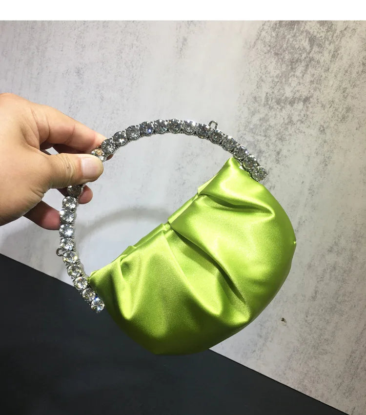 Lady Circular Crystal Satin Evening Bags Women Metallic Handle Rhinestone Clutch Purses And Handbags Wedding Party Purse Bags