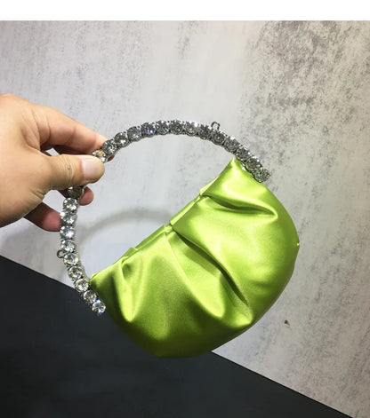Lady Circular Crystal Satin Evening Bags Women Metallic Handle Rhinestone Clutch Purses And Handbags Wedding Party Purse Bags