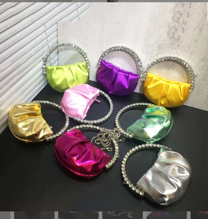 Lady Circular Crystal Satin Evening Bags Women Metallic Handle Rhinestone Clutch Purses And Handbags Wedding Party Purse Bags