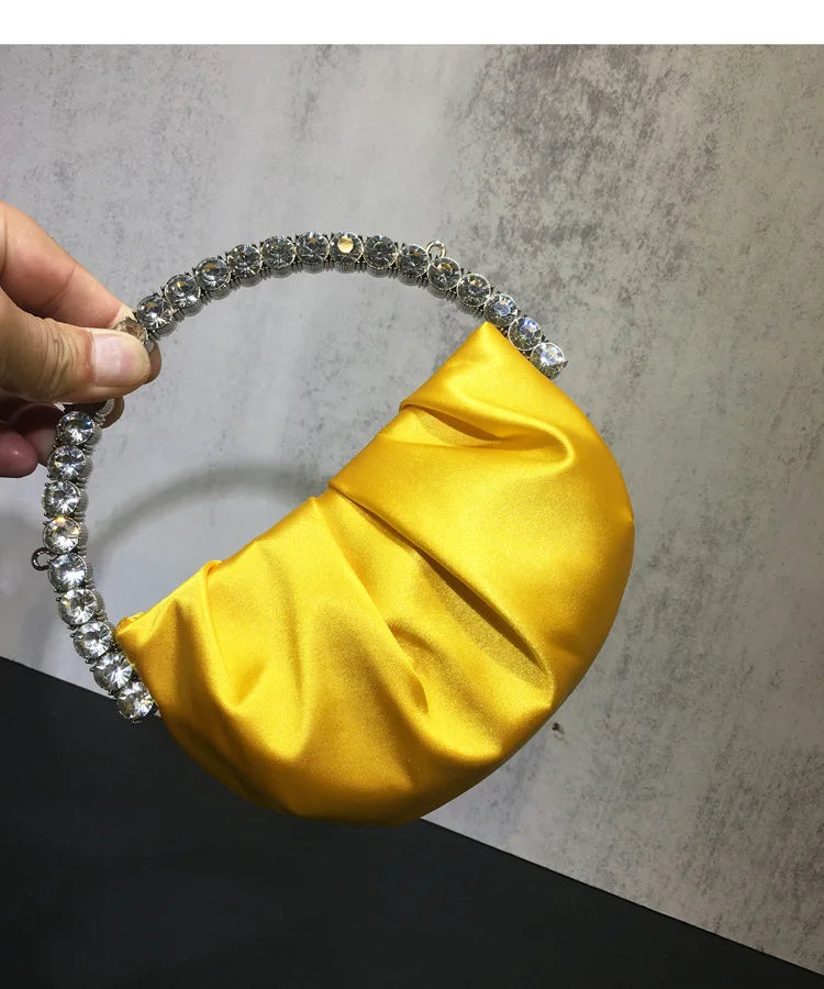 Lady Circular Crystal Satin Evening Bags Women Metallic Handle Rhinestone Clutch Purses And Handbags Wedding Party Purse Bags