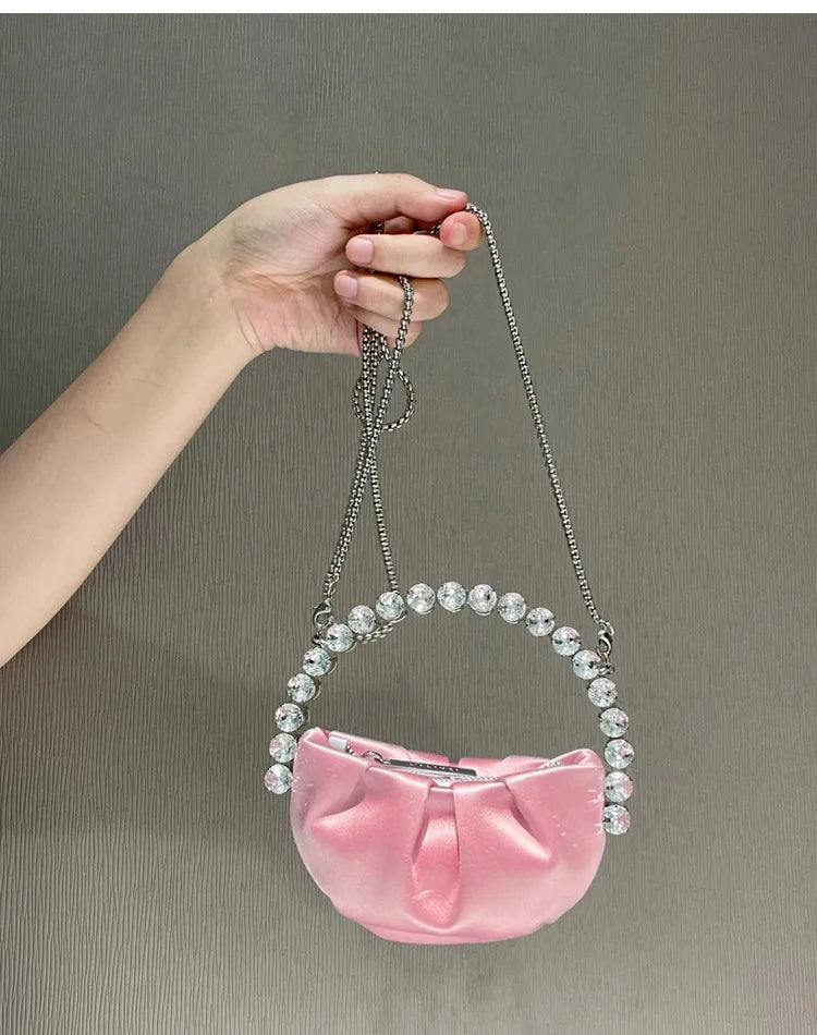 Lady Circular Crystal Satin Evening Bags Women Metallic Handle Rhinestone Clutch Purses And Handbags Wedding Party Purse Bags