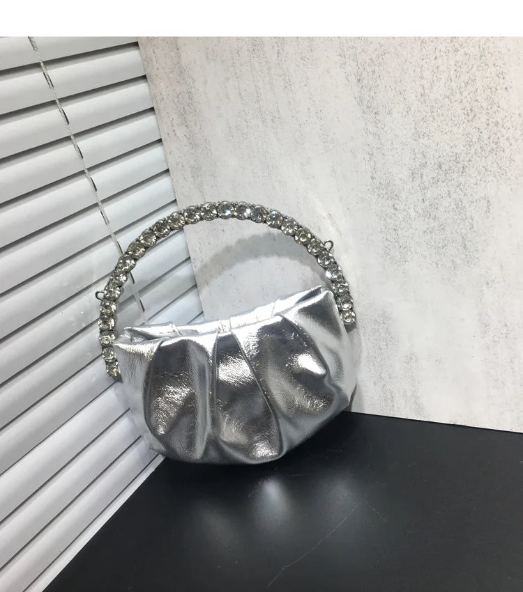 Lady Circular Crystal Satin Evening Bags Women Metallic Handle Rhinestone Clutch Purses And Handbags Wedding Party Purse Bags
