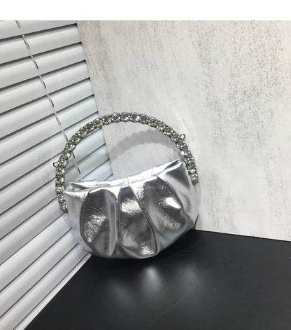 Lady Circular Crystal Satin Evening Bags Women Metallic Handle Rhinestone Clutch Purses And Handbags Wedding Party Purse Bags