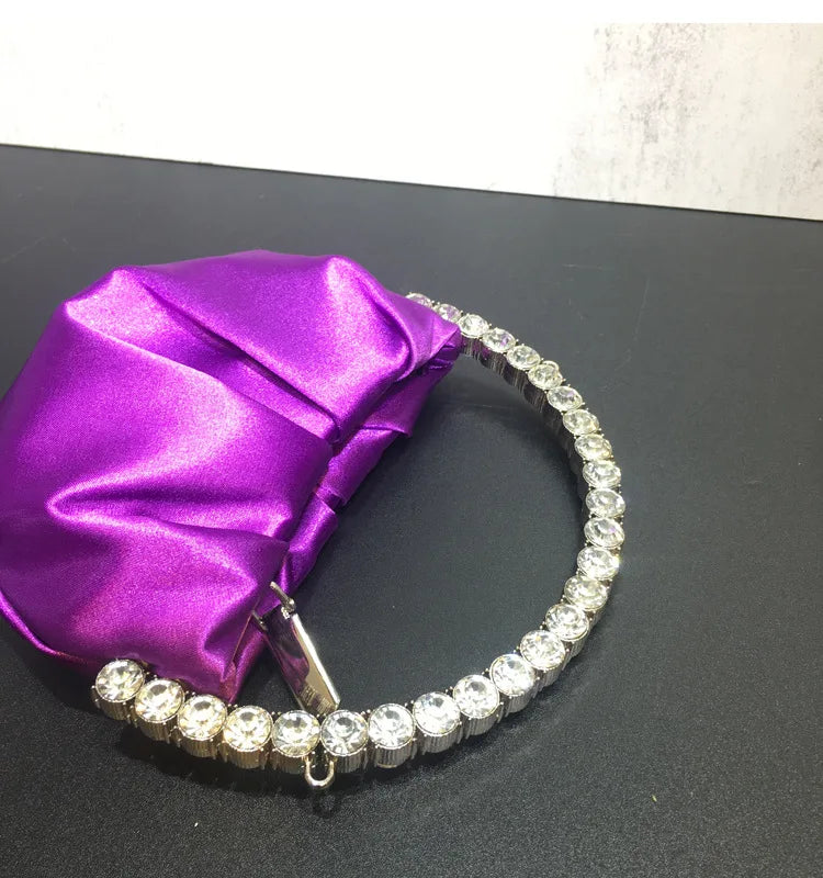Lady Circular Crystal Satin Evening Bags Women Metallic Handle Rhinestone Clutch Purses And Handbags Wedding Party Purse Bags