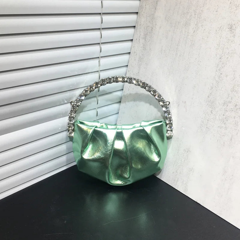 Lady Circular Crystal Satin Evening Bags Women Metallic Handle Rhinestone Clutch Purses And Handbags Wedding Party Purse Bags