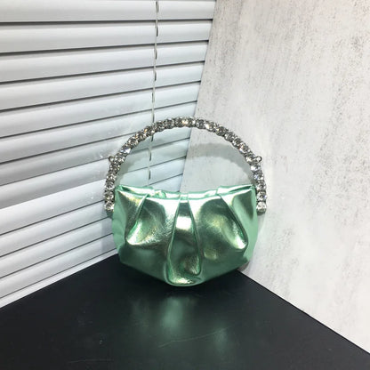 Lady Circular Crystal Satin Evening Bags Women Metallic Handle Rhinestone Clutch Purses And Handbags Wedding Party Purse Bags