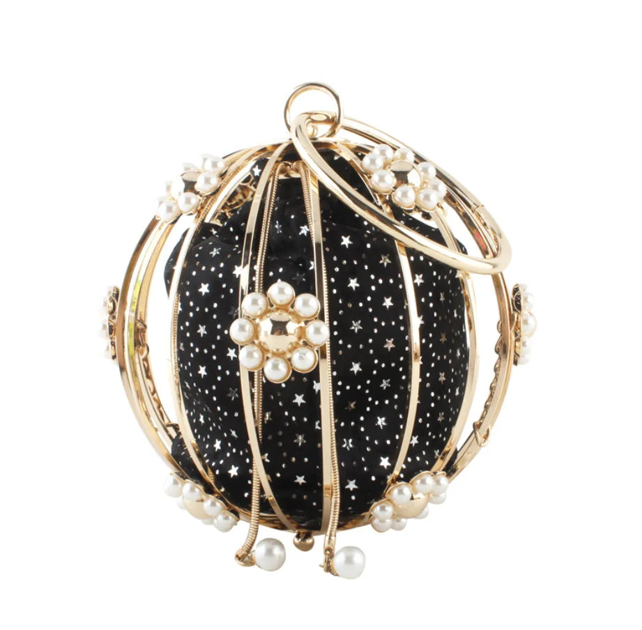 Lady Crystal Women Pearl Beaded Black Evening Bag Metal Clutches Bags Wedding Party Prom Bridal Handbag Purse Wallet  Handbags