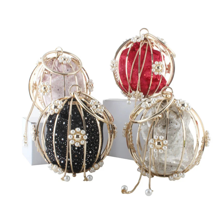 Lady Crystal Women Pearl Beaded Black Evening Bag Metal Clutches Bags Wedding Party Prom Bridal Handbag Purse Wallet  Handbags