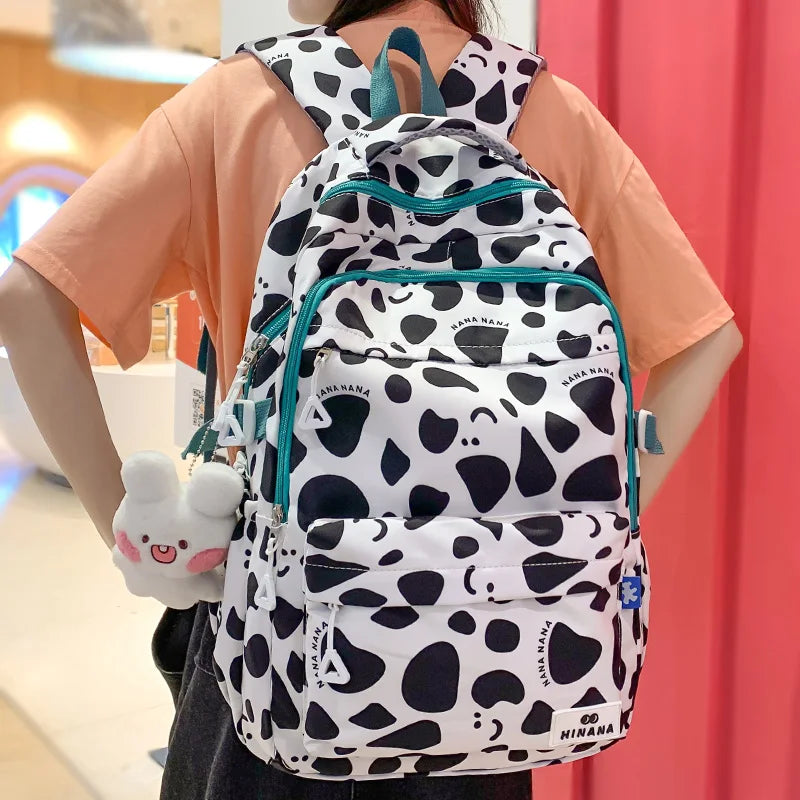 Lady Cute Cow Print Nylon Laptop College Backpack Girl Waterproof Kawaii Cartoon Book Bag Women Travel SchoolBag Student Fashion