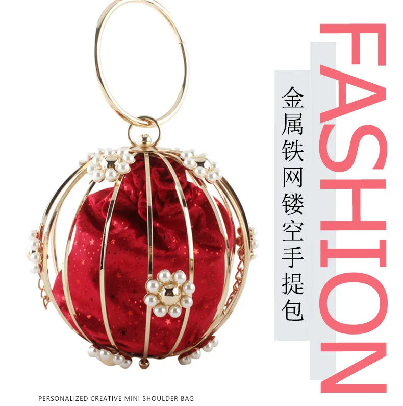 Lady Diamonds Round Shape wallet Evening Clutch Bags Women Luxury Pearl Beaded Metallic Cage Handbags Ladies Wedding Party Purse