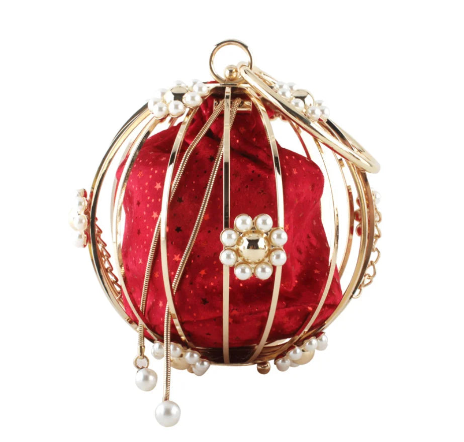 Lady Diamonds Round Shape wallet Evening Clutch Bags Women Luxury Pearl Beaded Metallic Cage Handbags Ladies Wedding Party Purse