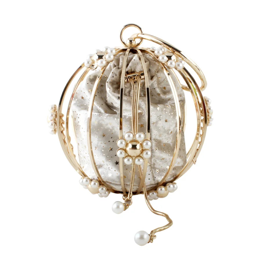 Lady Diamonds Round Shape wallet Evening Clutch Bags Women Luxury Pearl Beaded Metallic Cage Handbags Ladies Wedding Party Purse
