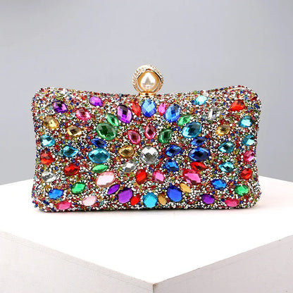 Lady Evening Bags for Women Luxury Full Diamonds Acrylic Flower Rhinestones Clutch Bag Metal Pearl Prom Wedding Dinner Handbags