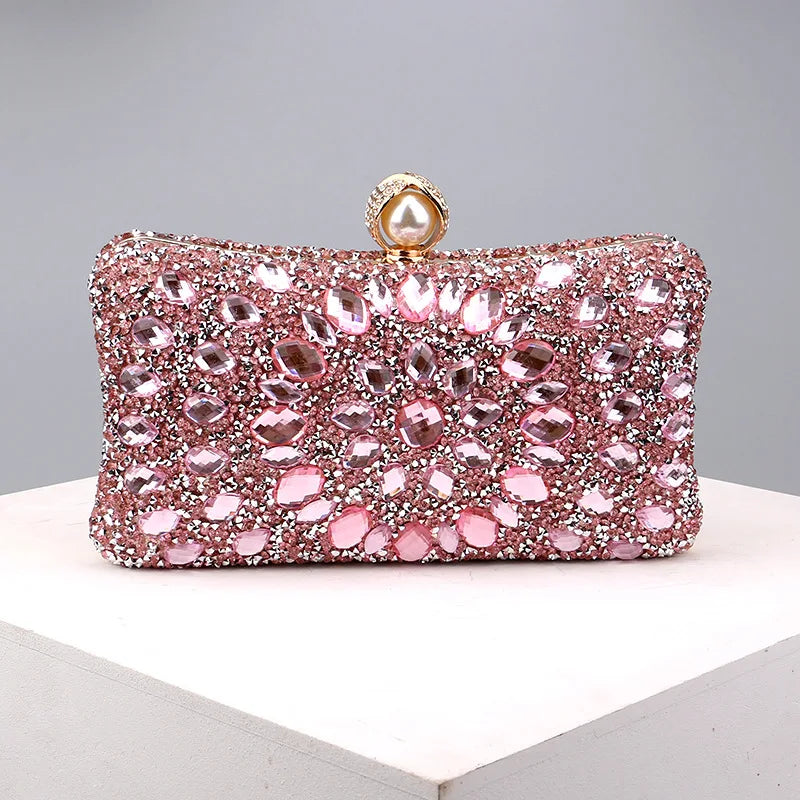 Lady Evening Bags for Women Luxury Full Diamonds Acrylic Flower Rhinestones Clutch Bag Metal Pearl Prom Wedding Dinner Handbags